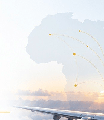 Route arcs across Africa above an aircraft wing